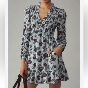 Anthropologie Blue Floral Short Dress Long Sleeve Ruffle XS Petite NEW